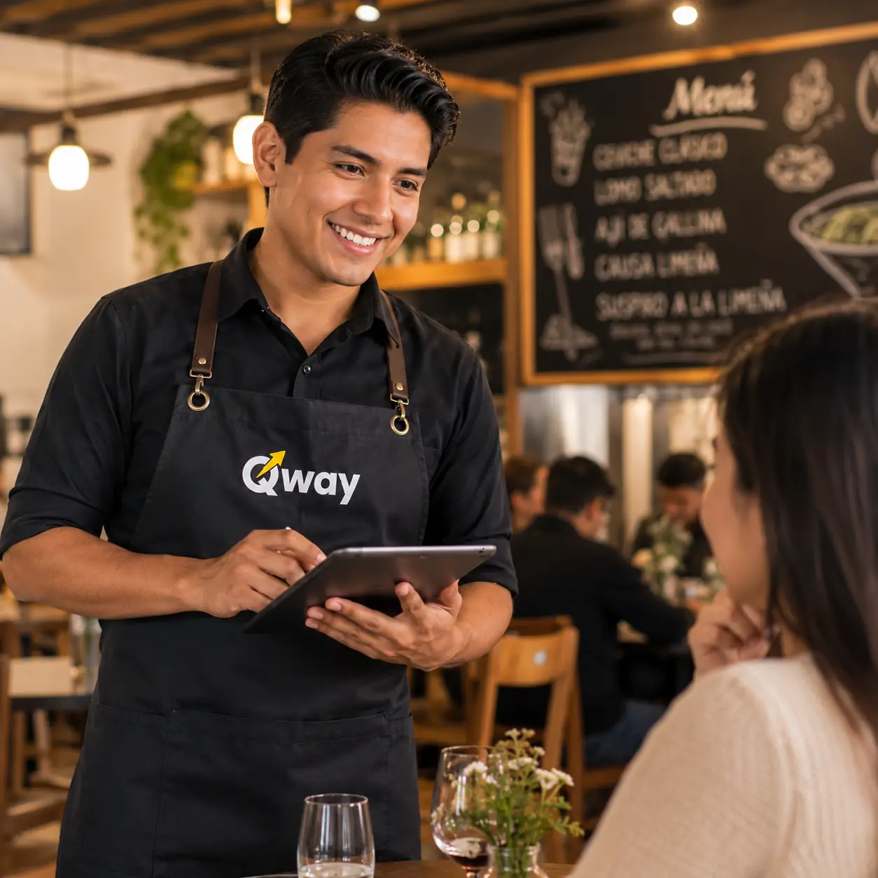 Mesero usando tablet Qway POS en restaurante